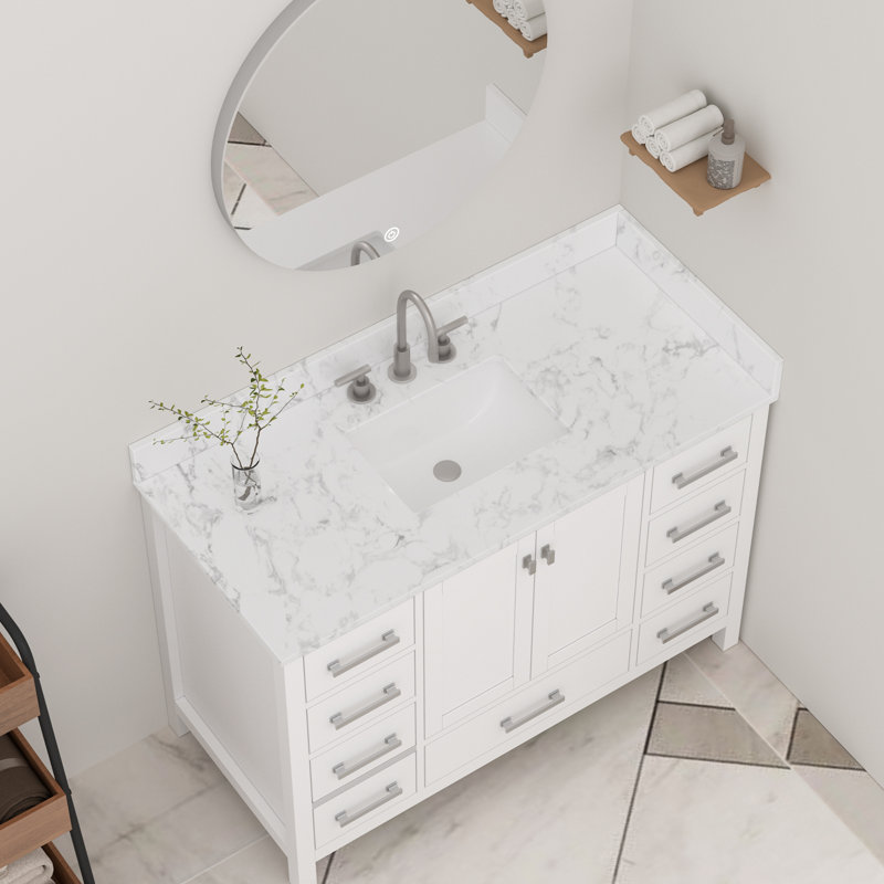 Meuble-lavabo latéral en pierre d'ingénierie 21,25 po aspect marbre de Carrare blanc