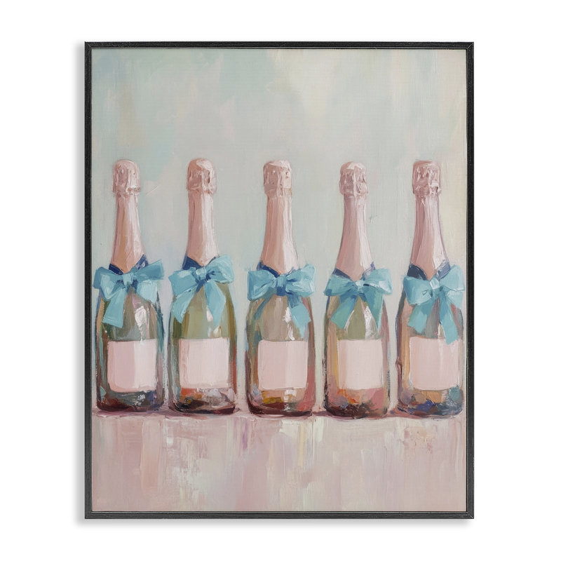 Blue Champagne Bottles Framed Giclee, design by Petal Prints Design, 30" H x 24" W, Midnight Black Framed Giclee