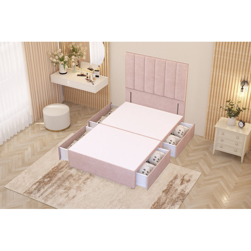 Asterin Divan Bed Base with 54" Floor Standing Headboard Plush Velvet, Double (4'6), Pink, 4 Drawers
