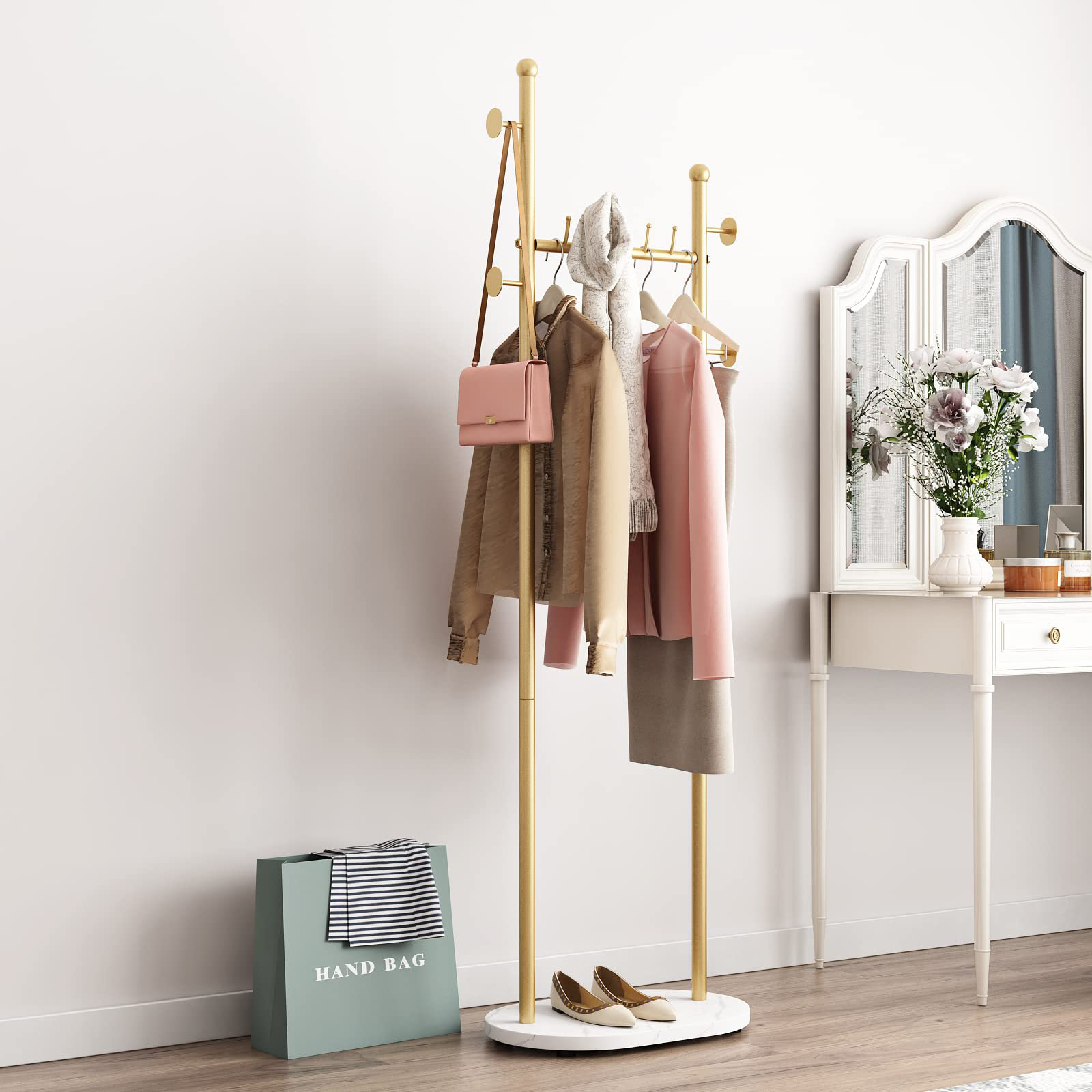 Ivy Bronx Gold Clothing Rack With Shelves, Gold Coat Rack Freestanding