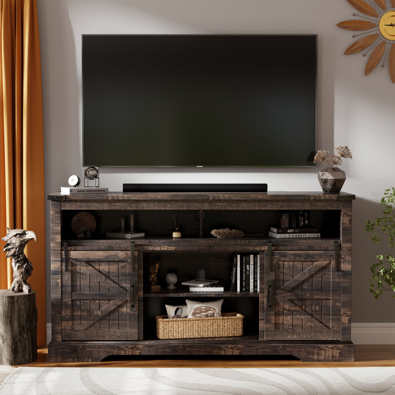 Meuble télé pour téléviseur de 65 po ou moins avec 2 portes de grange coulissantes, Chêne rustique foncé