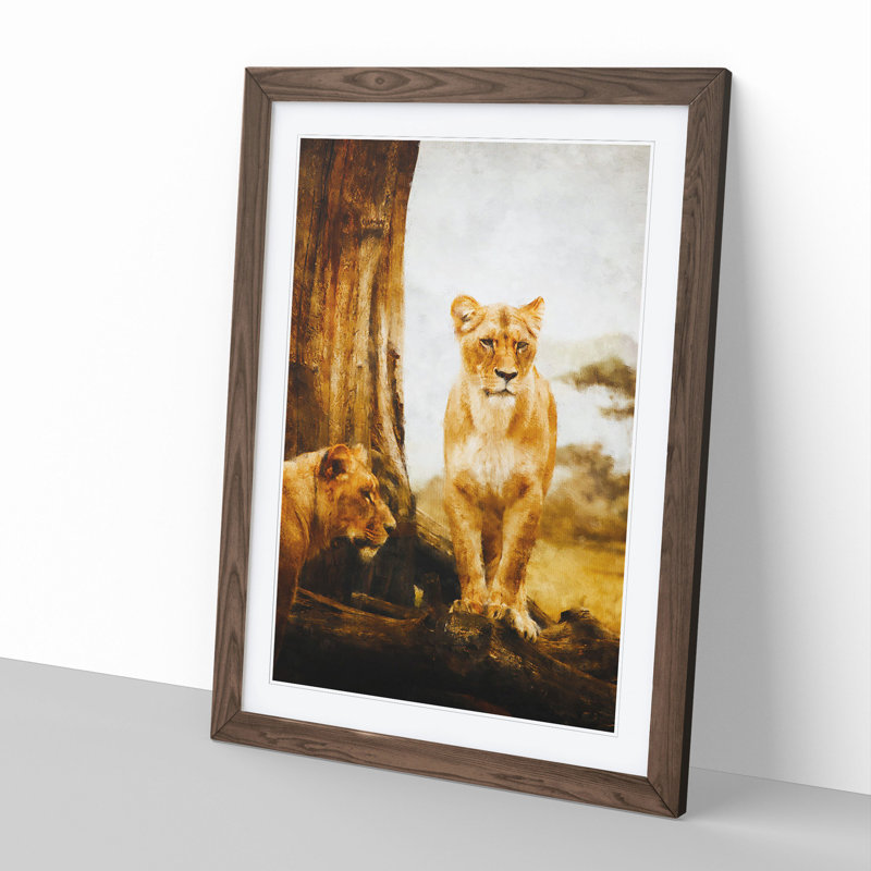 Two Lioness - Picture Frame Painting, Walnut Framed, 36cm H x 27cm W x 2cm D