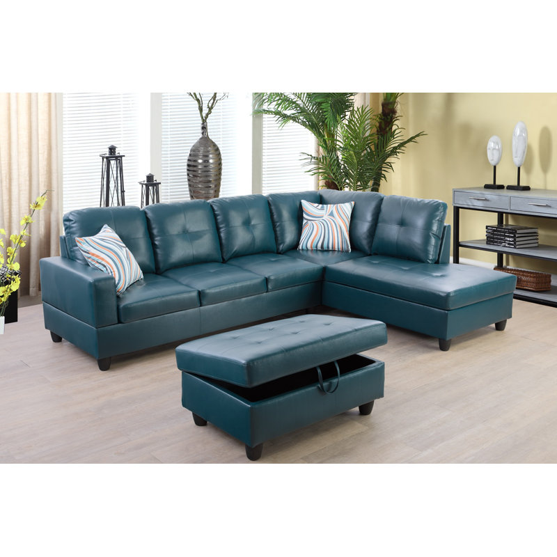 Brevard Faux Leather L-Shaped Sectional, Right Hand Facing, Dark Teal