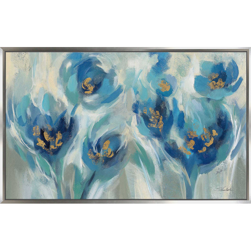 «Blue Fairy Tale Floral III» par Silvia Vassileva - Peinture, Cadre flottant argent, H 39,5 po x l 63,5 po x P 2 po