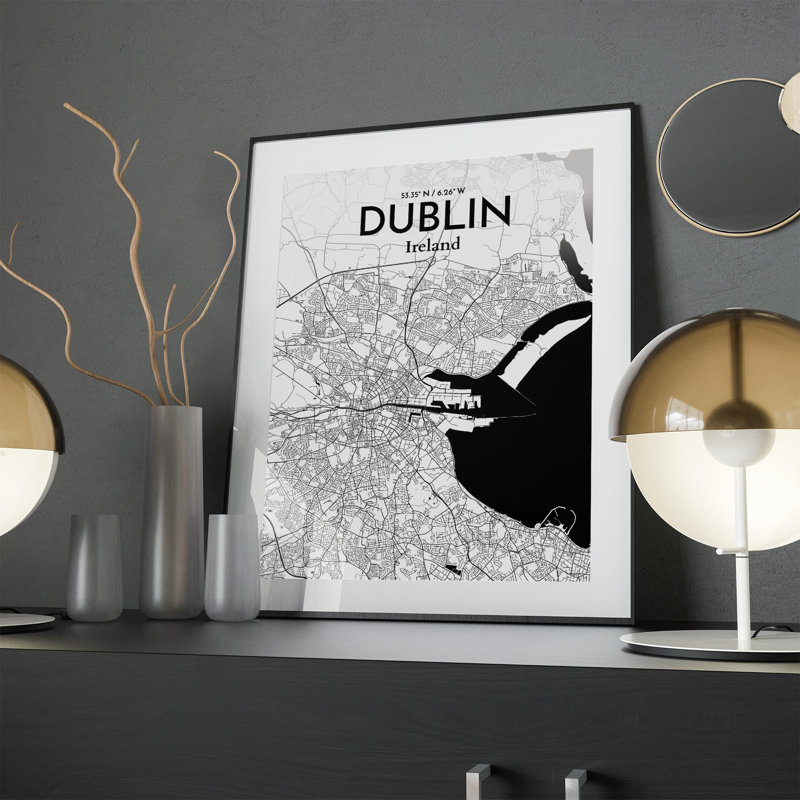 «Dublin City Map», impression de luxe, H 24 po x l 18 po, Noir / blanc
