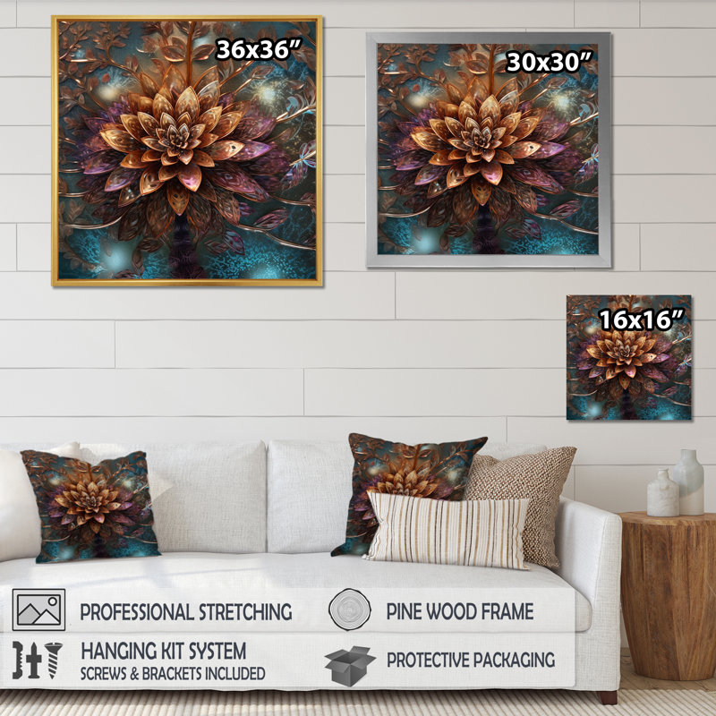 «Mysterious Retro Dahlia Flower On Turquoise I», reproduction sur toile, H 24 po x l 24 po x P 1 po, Cadre simple noir