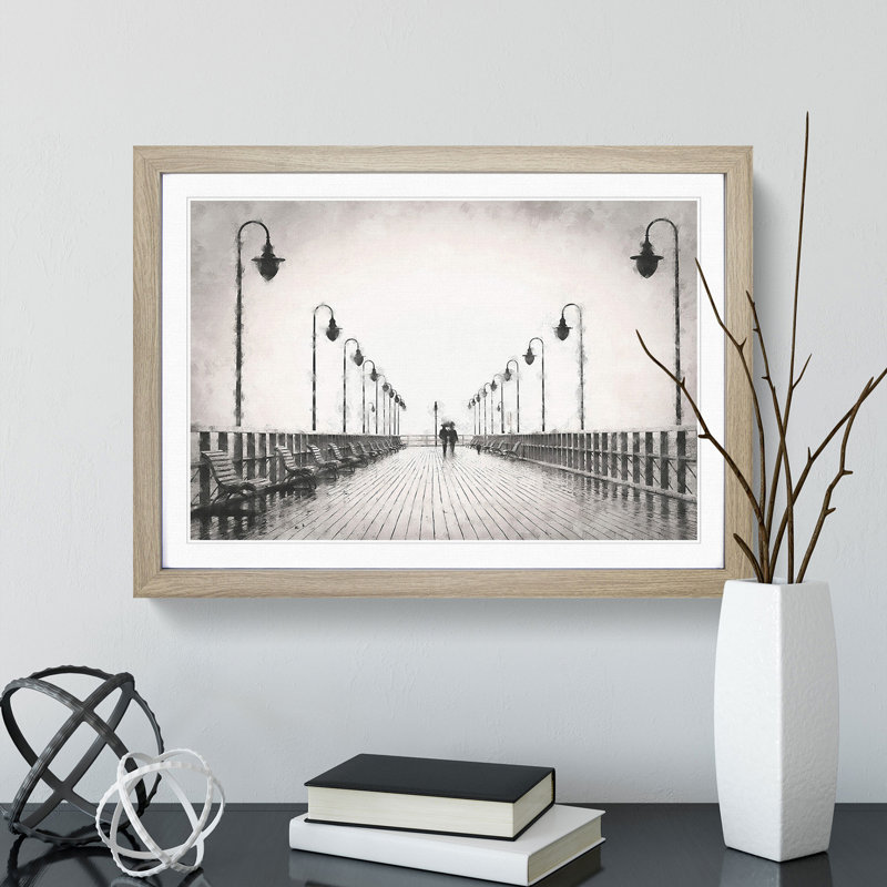 Couple upon the Pier - Picture Frame Graphic Art Print, 45cm H x 63cm W x 2cm D, Oak Framed