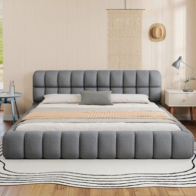 Lit plateforme tapissier très grand avec tissu épais, lit au sol avec structure solide, gris