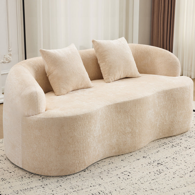 Canapé à compression pour petits espaces de bureau, sans assemblage, rembourrage à haute densité crème incurvé avec accoudoir rond et 2 coussins pour chambre à coucher, style élégant