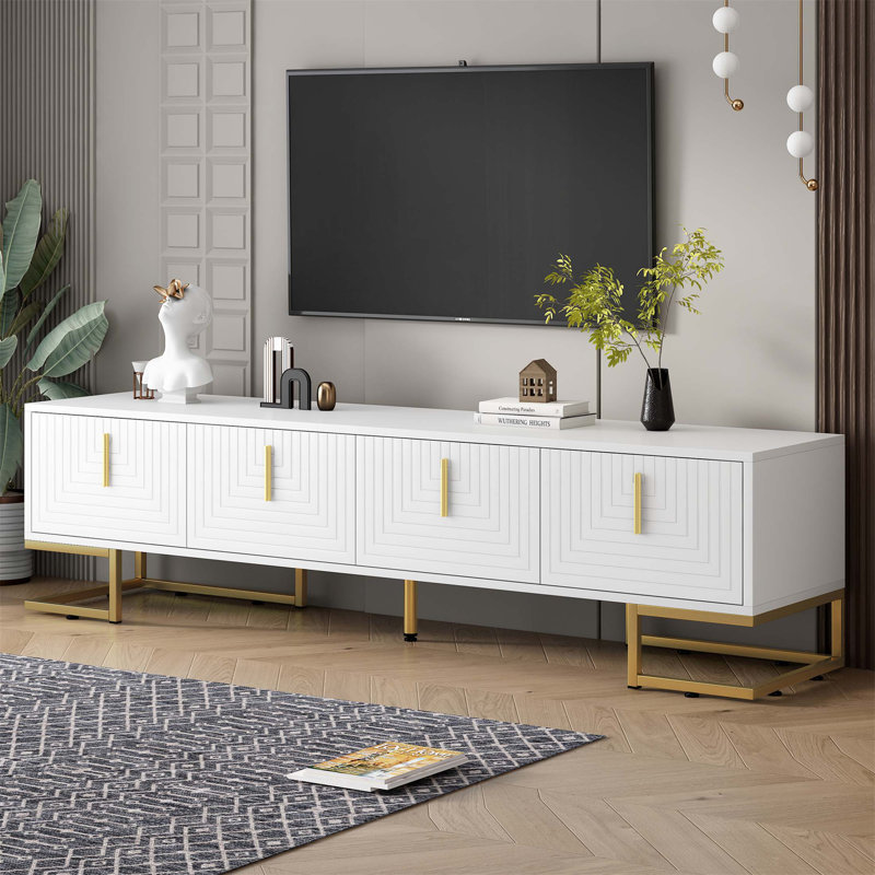 Modern TV Stand With Metal Legs And Gold Handles For Tvs Up To 80 Inches, Media Console Table With Cabinets And Adjustable Shelves, Luxury TV Cabinet With Geometric Lines For Living Room