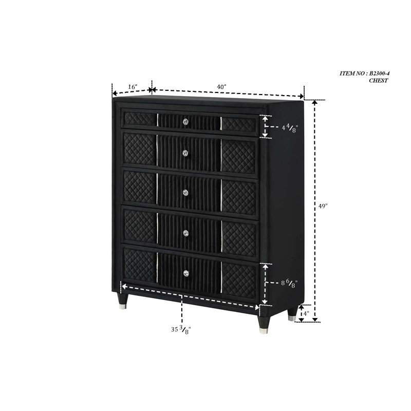 Ensemble de chambre à coucher de luxe à panneau tapissier avec tête de lit à oreilles noire, 6 pièces, Très grand lit