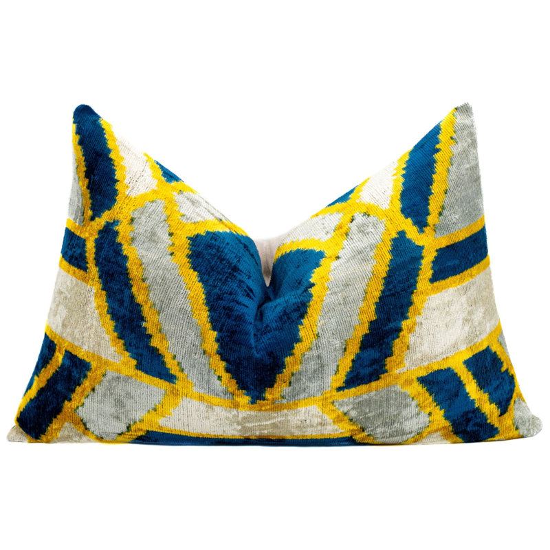 Velvet Lumbar Pillow Cover & Insert, Blue/Gray/Gold Geometric 2