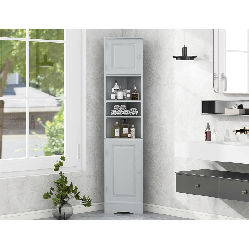 Multi-Functional Corner Cabinet Tall Bathroom Storage Cabinet With Two Doors And Adjustable Shelves, Open Shelf, Gray