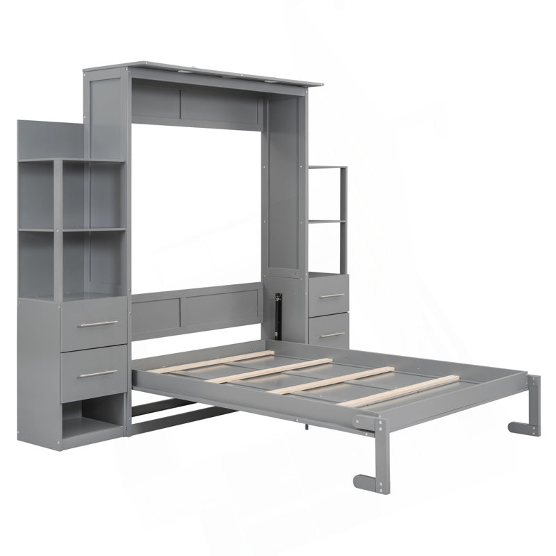 Lit escamotable double pleine grandeur avec tablettes, tiroirs et lumières DEL, Lit double