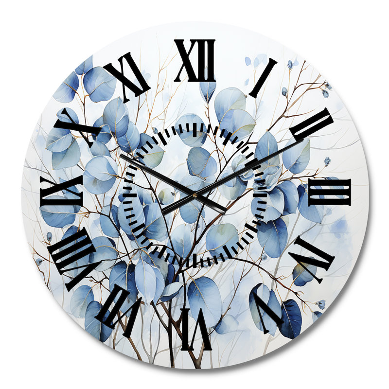 Horloge murale bleue et grise avec feuilles sur une branche III, Médium