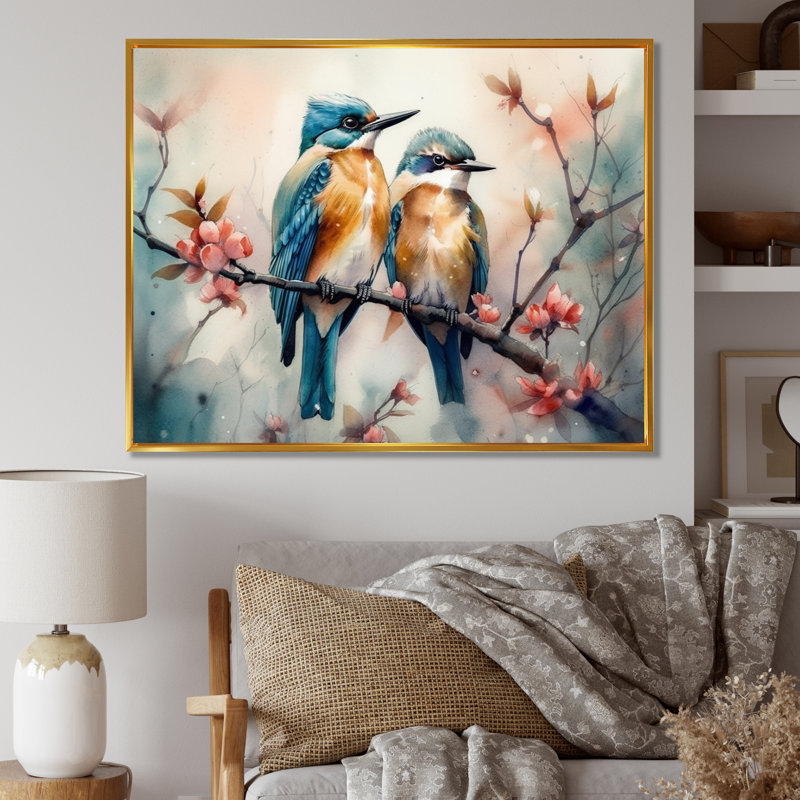 Oiseaux bleus assis sur une branche d'arbre IV - reproduction, H 12 po x l 20 po x P 1 po, Cadre flottant doré