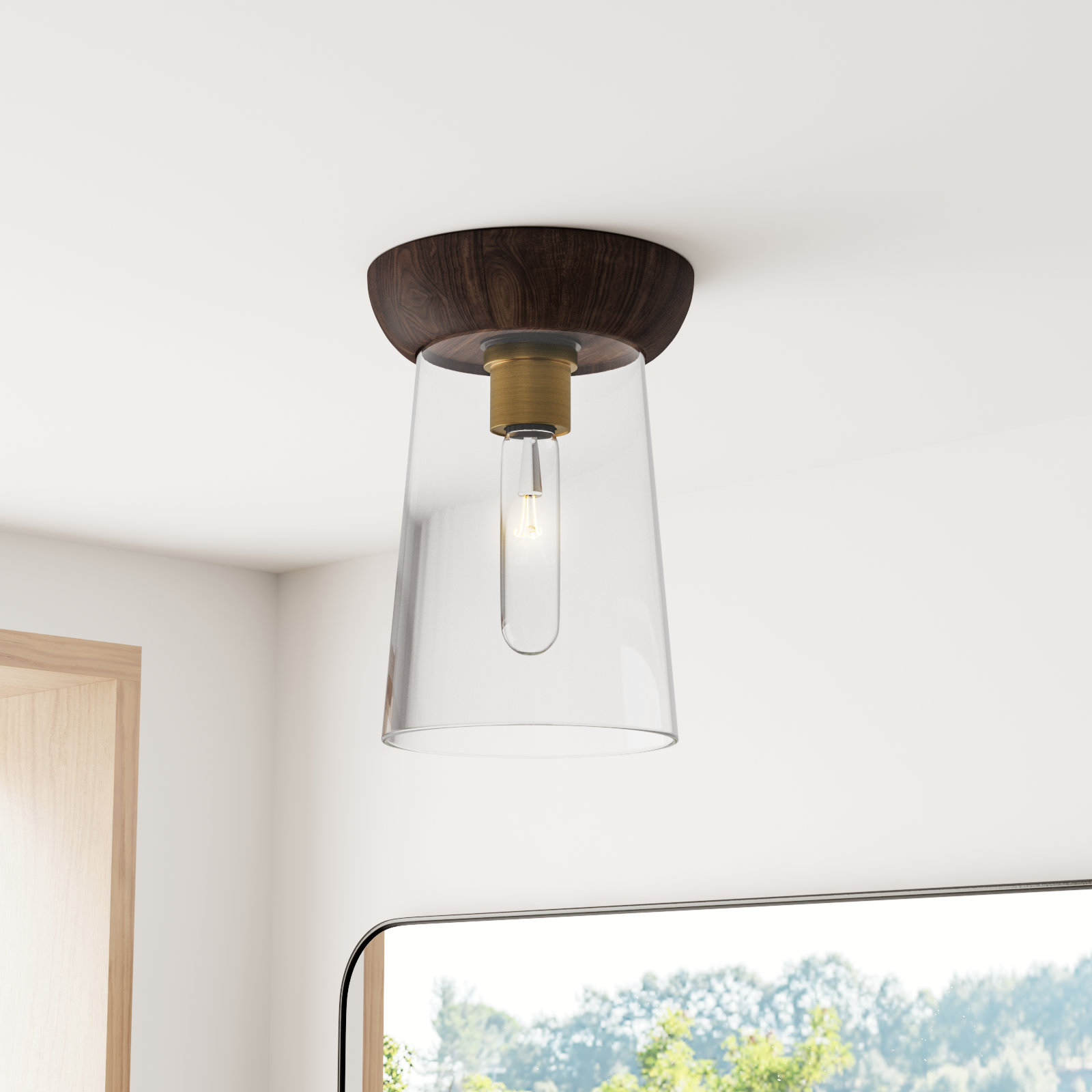 Tabitha Single Light Glass Flush Mount, Aged Gold/Walnut