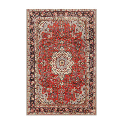 Tapis oriental en laine / polyester beige / rouge / bleu tissé à la machine Hakana