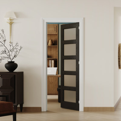 5 Lite Frosted Glass Interior Door Slab - Black Textured MDF Door With Single Door Frame & Prehung - Style Setup (Door Slab & Frame Ship Separately, Installation Required)