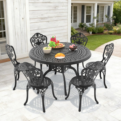 Table de salle à manger ronde en aluminium coulé 47,24 po avec trou pour parasol et 4 chaises avec siège de 15,35 po de largeur (5 pièces)