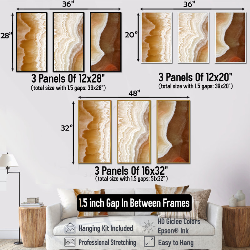 Marble Stone Layers - Ensemble de 3 reproductions sur toile, Cadre brun, H 20 po x l 36 po x P 1 po