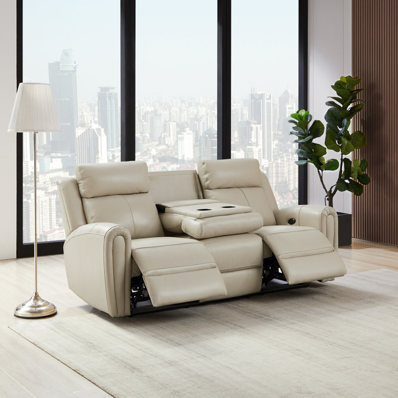 82''Wide Genuine Leather Power Reclining Sofa With Drop Down Table And 2 Cup Holders, Beige