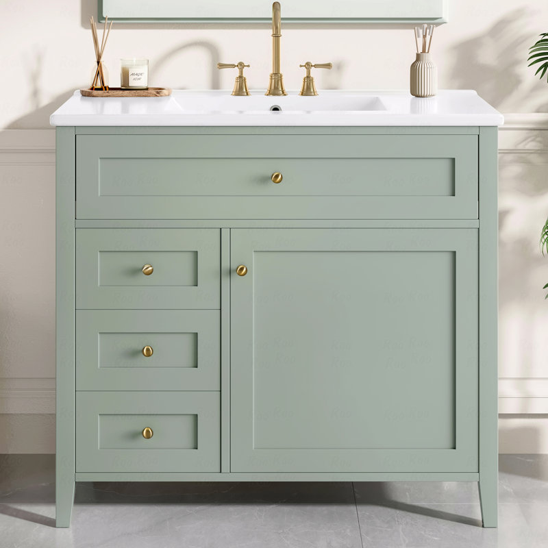 Meuble-lavabo de salle de bain avec lavabo, armoire en bois d'hévéa moderne avec 3 tiroirs et tablette réglable, meuble-lavabo autoportant pour le rangement et l'organisation de la salle de bain