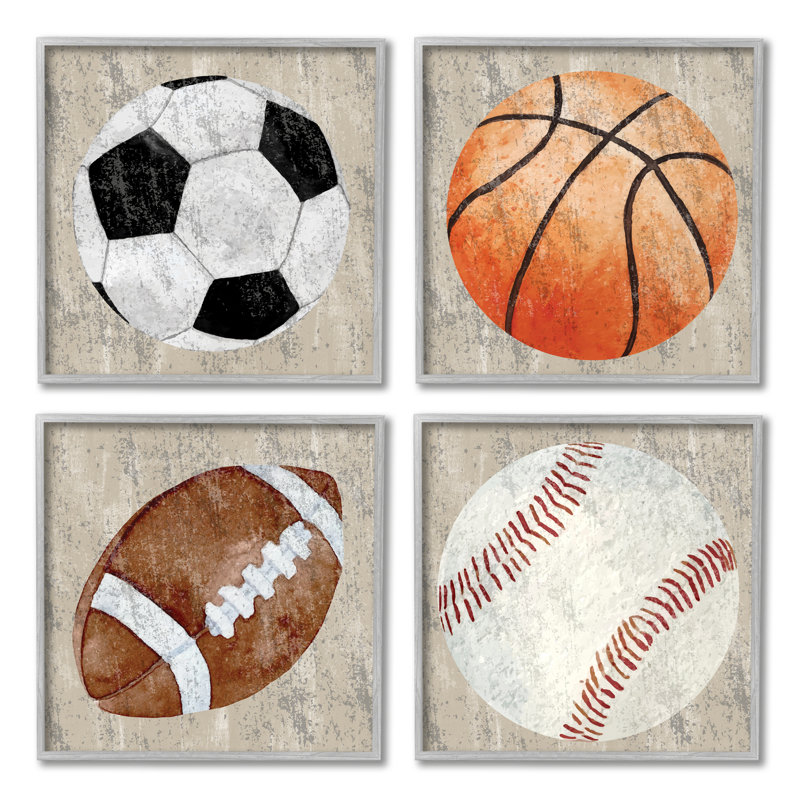 Diverses balles de sport rustiques, ensemble de 4 giclées encadrées par Kim Allen, Gris, H 17 po x l 17 po x P 1,5 po