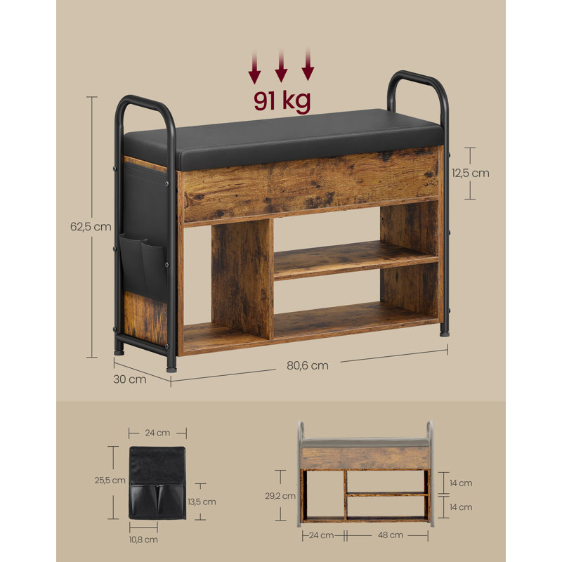 6 Pair Shoe Storage Bench, Rustic Brown