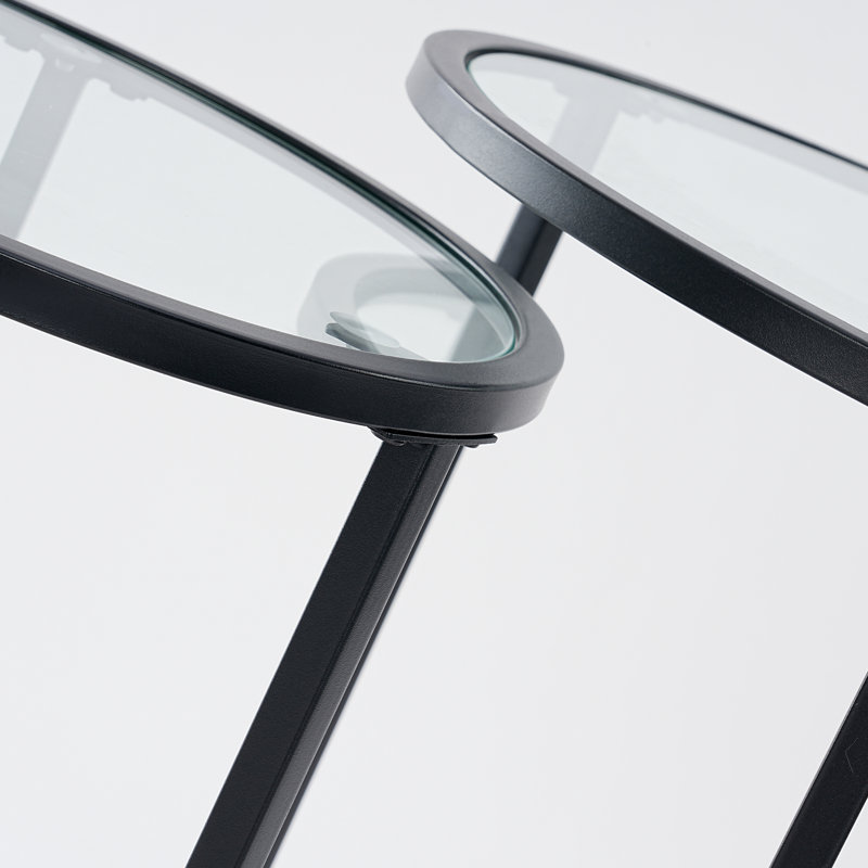 Ryett 2 End Tables with Metal Base Round Table with Tempered Glass Tabletop, Black
