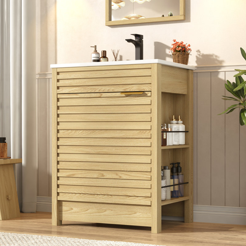 Meuble-lavabo de salle de bain avec lavabo, robinet, tablettes de porte et tablettes latérales ouvertes, Chêne, 24"