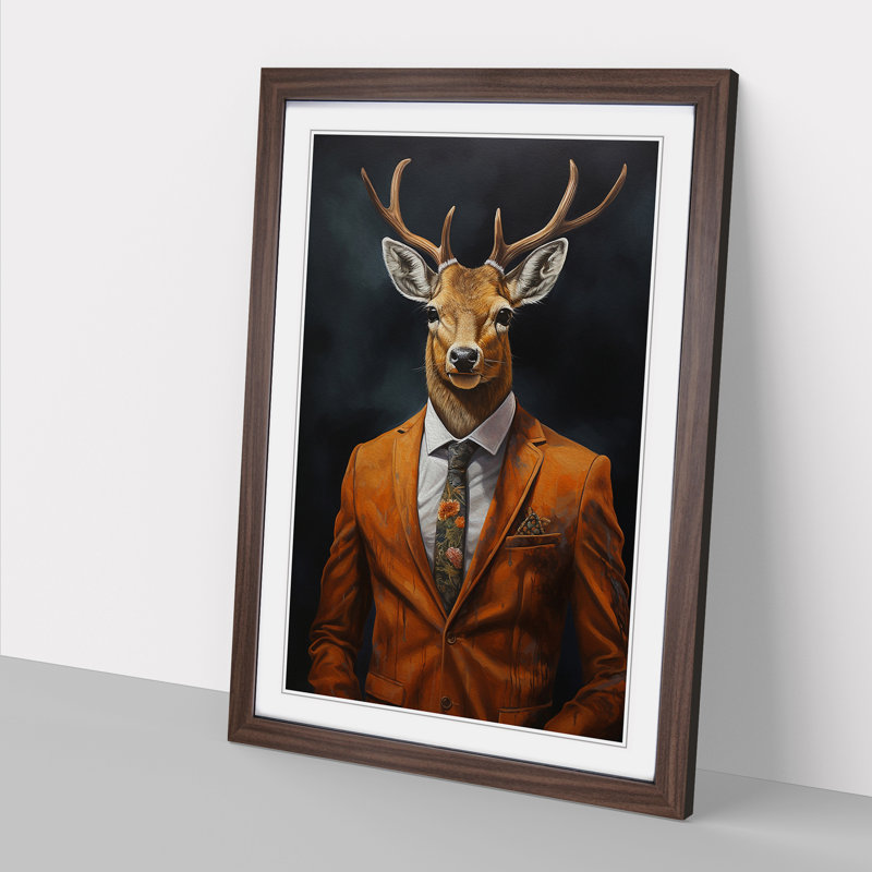 Deer In A Suit Painting Framed Print, Walnut, 46cm H x 34cm W x 2cm D