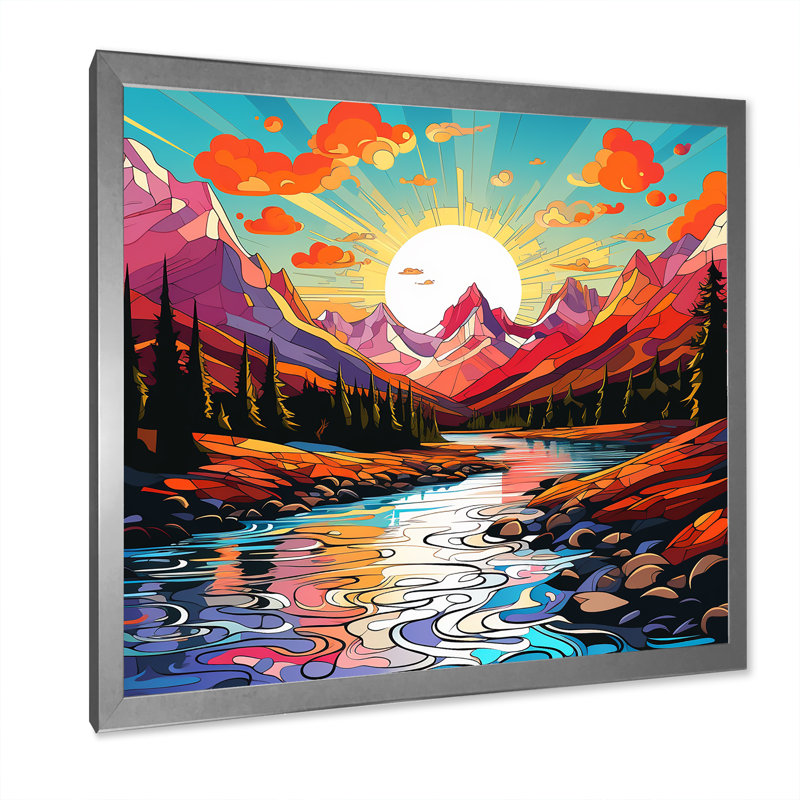 «Sunset Colorful River Mountains Horizon IV», art mural fruits, Cadre simple argenté, H 36 po x l 36 po x P 1,5 po