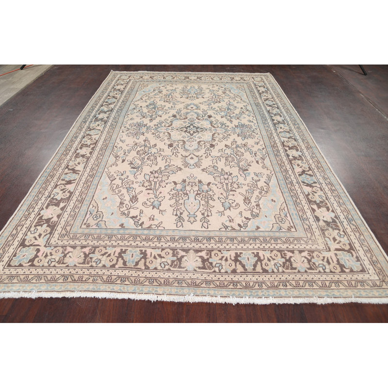 Tapis décoratif beige en laine de conception unique 6 pi 7 po x 9 pi 9 po noué à la main