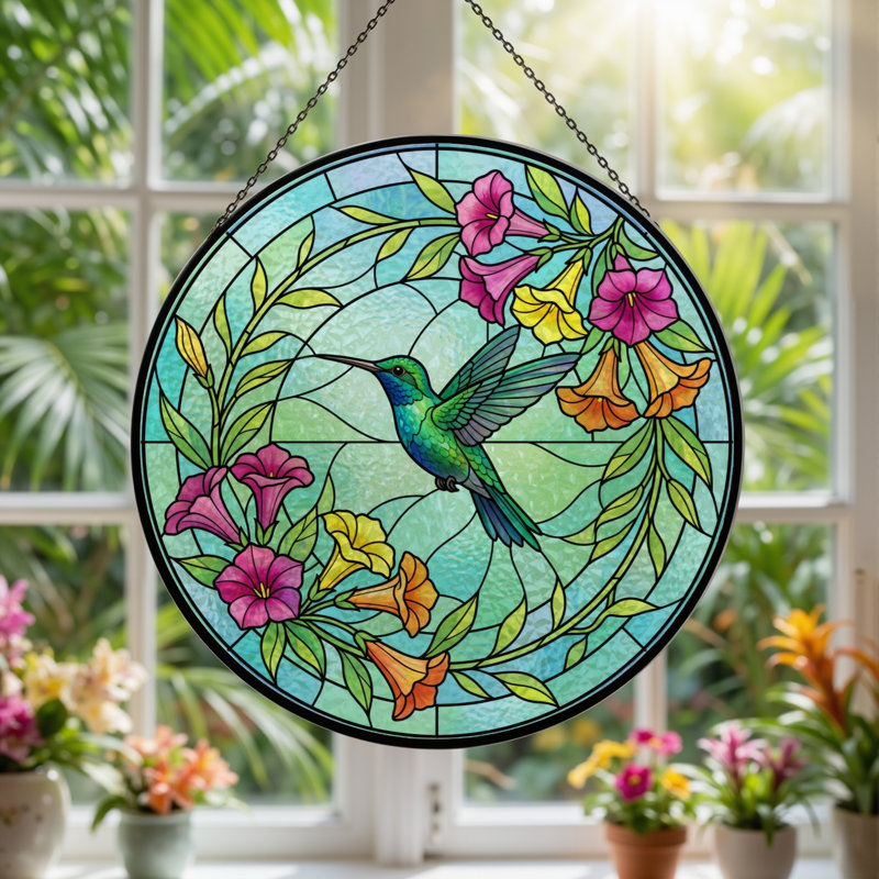 Panneau de vitrail en forme de colibri fleurs H 12 po, H 12 po