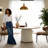 59 Inch Round Dining Table With Genuine Leather Base Parquet Craft Top For Dining Room, Modern Luxury Table