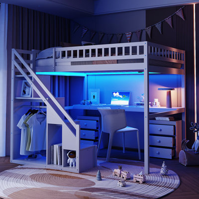 Lit mezzanine double avec bureau, 2 commodes et bande lumineuse à DEL - Structure de lit en bois compacte, blanc