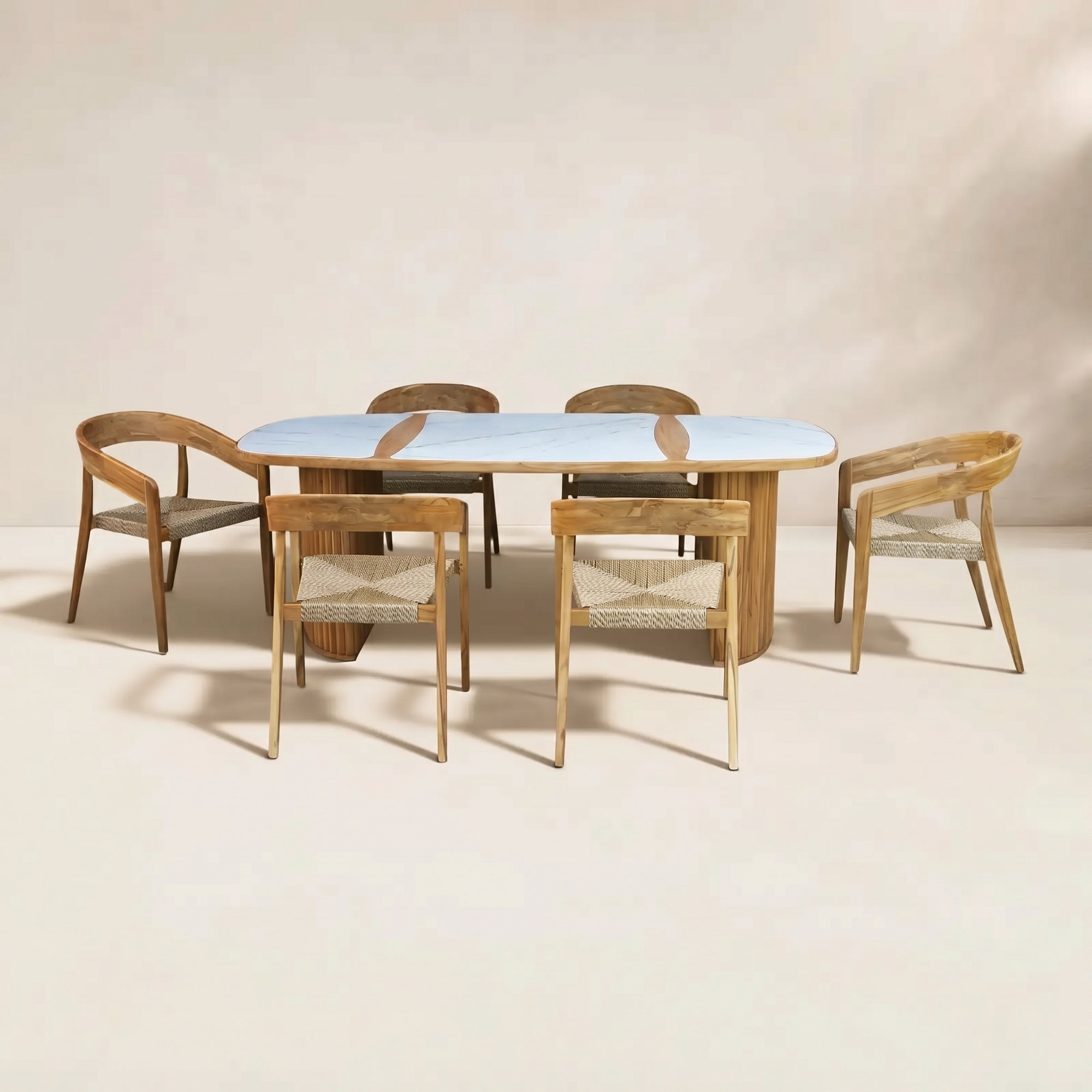 Estate 7 Pc. Teak & Wicker Oval Dining Set With Orobico Stone Top, Tan/Natural, White