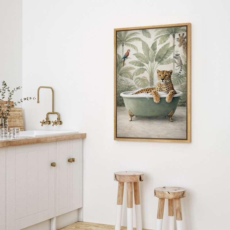 Reproduction d'art léopard fantaisiste dans une baignoire dans la jungle, 36" H x 24" W x 1.5" D, Natural