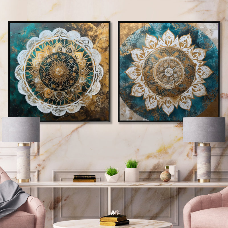 Mandala bleu sarcelle et doré - ensemble de 2 collages carrés boho mandala, Cadre flottant noir, H 16 po x l 33 po