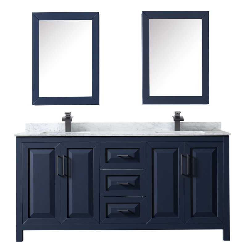 Daria 72'' W Double Vanity, Dark Blue, White Cultured Marble, Matte Black