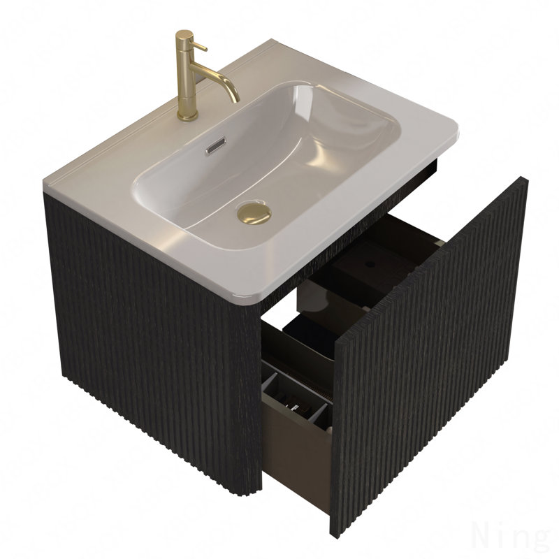 Meuble-lavabo flottant rayé 24 po en chêne noir brossé avec lavabo en céramique blanche, lavabo une pièce sans drain, salle de bain moderne