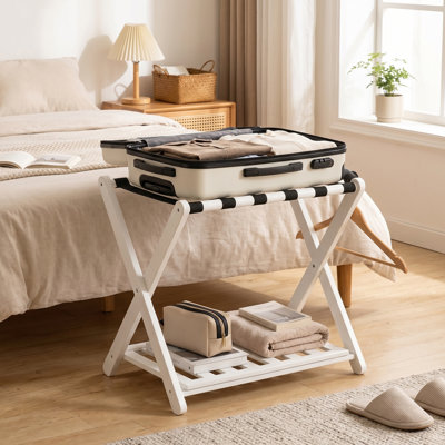 Luggage Rack Foldable Thickened Bamboo Suitcase Stand With Storage Shelf For Hotel Bedroom Guest Room