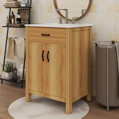 Meuble-lavabo en bois 24 po avec cadre en bois massif, tiroir rabattable, 2 portes à fermeture en douceur, tablette réglable et lavabo en céramique moderne