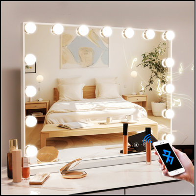 Miroir de salle de bain lumineux avec haut-parleur Bluetooth et 15 ampoules à DEL à intensité variable, 3 modes de couleur, port USB, 22,8 x 18,1 pouces