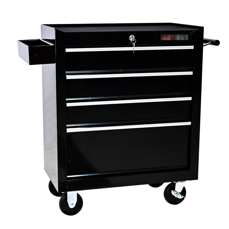 Black Rolling 4 Tool Chest With Lock - Garage Workshop Storage Organizer For Tools 4 Drawer Heavy Duty Repair Shop