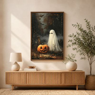 Halloween Ghostly Figure Glowing Jack-O'-Lantern Bats Spiderweb Canvas Wall Art with Floating Frame, Ready to Hang