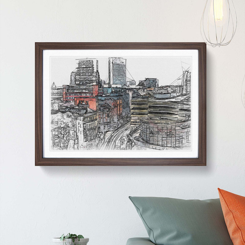 The Manchester Skyline in Abstract - Picture Frame Graphic Art Print, 36cm H x 48cm W x 2cm D, Walnut Framed