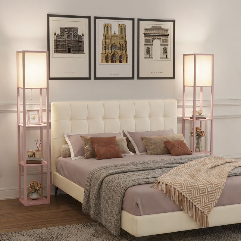 Floor Lamp with 3 Layers Wooden Shelves, Modern 160cm Standing Light Reading Lamp for Living Room, Pink