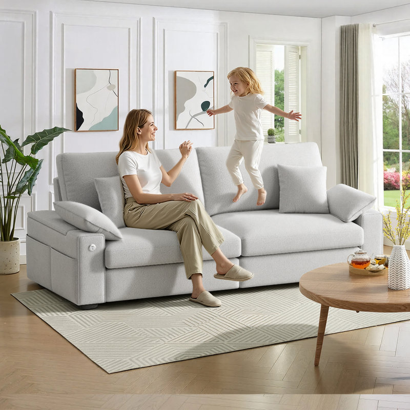 88.6'’ Modern Upholstered Sofa with Storage Pockets and USB Charging Port, Light Gray